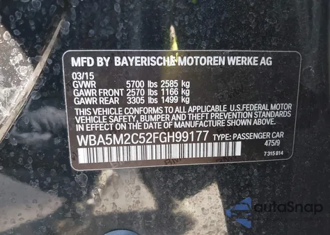 2015 BMW 535I Gran Turismo from USA, damaged, VIN WBA5M2C52FGH99177